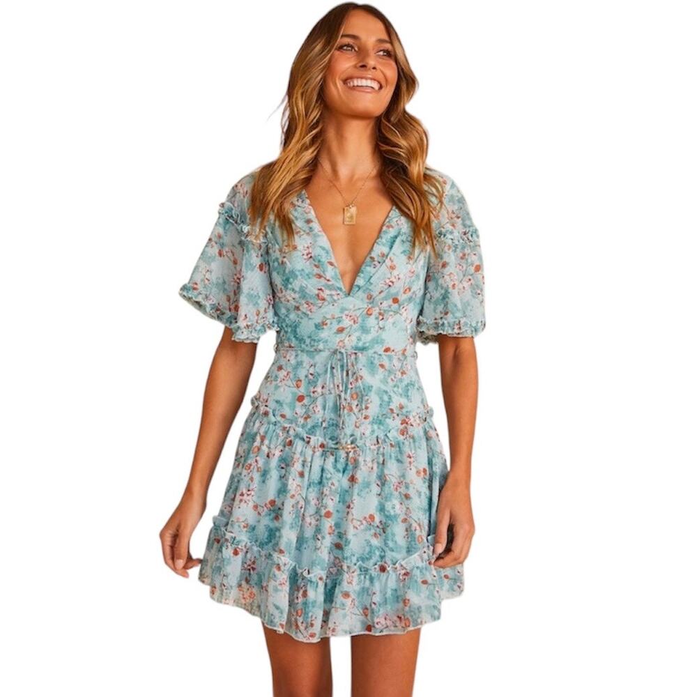 Angel Biba NWT Flouncy Ruffle Mini Dress Teal Floral Size Large Coquette Empire